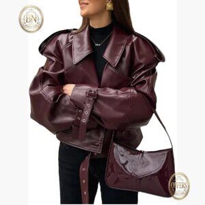 PU Leather Jacket Long Sleeve Retro Collar Motorcycle Bomber Coat